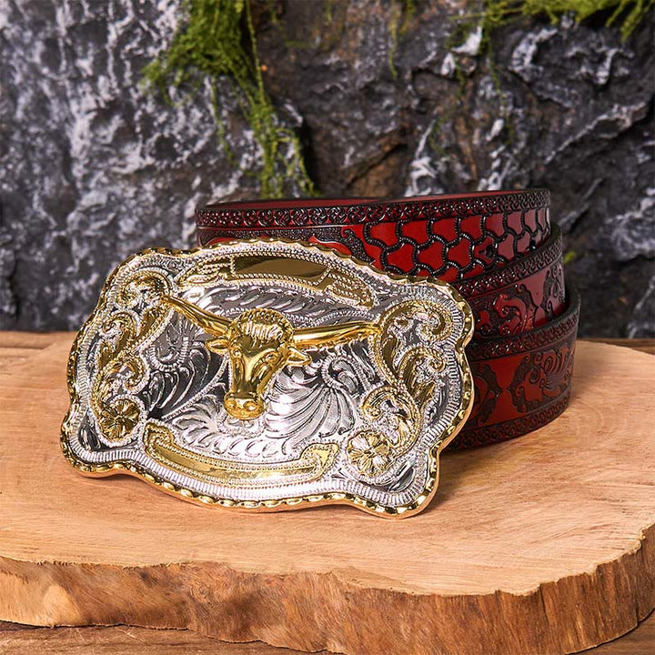 Ceinture en cuir à boucle de cowboy western DIY avec tête de taureau dorée - Tête de taureau en or - Ceinture marron sculptée - 42 - image 10