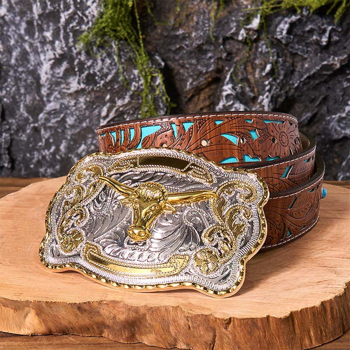 Ceinture en cuir à boucle de cowboy western DIY avec tête de taureau dorée - Tête de taureau en or - Ceinture sculptée en turquoise - 42 - image 7
