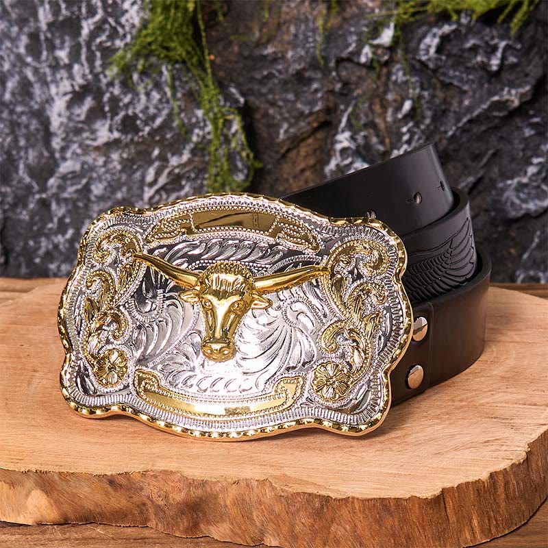 Ceinture en cuir à boucle de cowboy western DIY avec tête de taureau dorée - Tête de taureau en or - Ceinture noire avec aigle en relief - 42 - image 6
