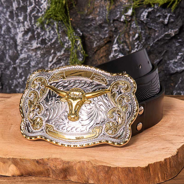 Ceinture en cuir à boucle de cowboy western DIY avec tête de taureau dorée - Tête de taureau en or - Ceinture noire avec aigle en relief - 42 - image 6