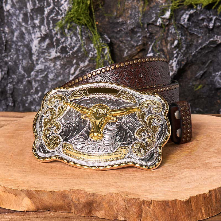Ceinture en cuir à boucle de cowboy western DIY avec tête de taureau dorée - Tête de taureau en or - Ceinture à rivets marron - 42 - image 8
