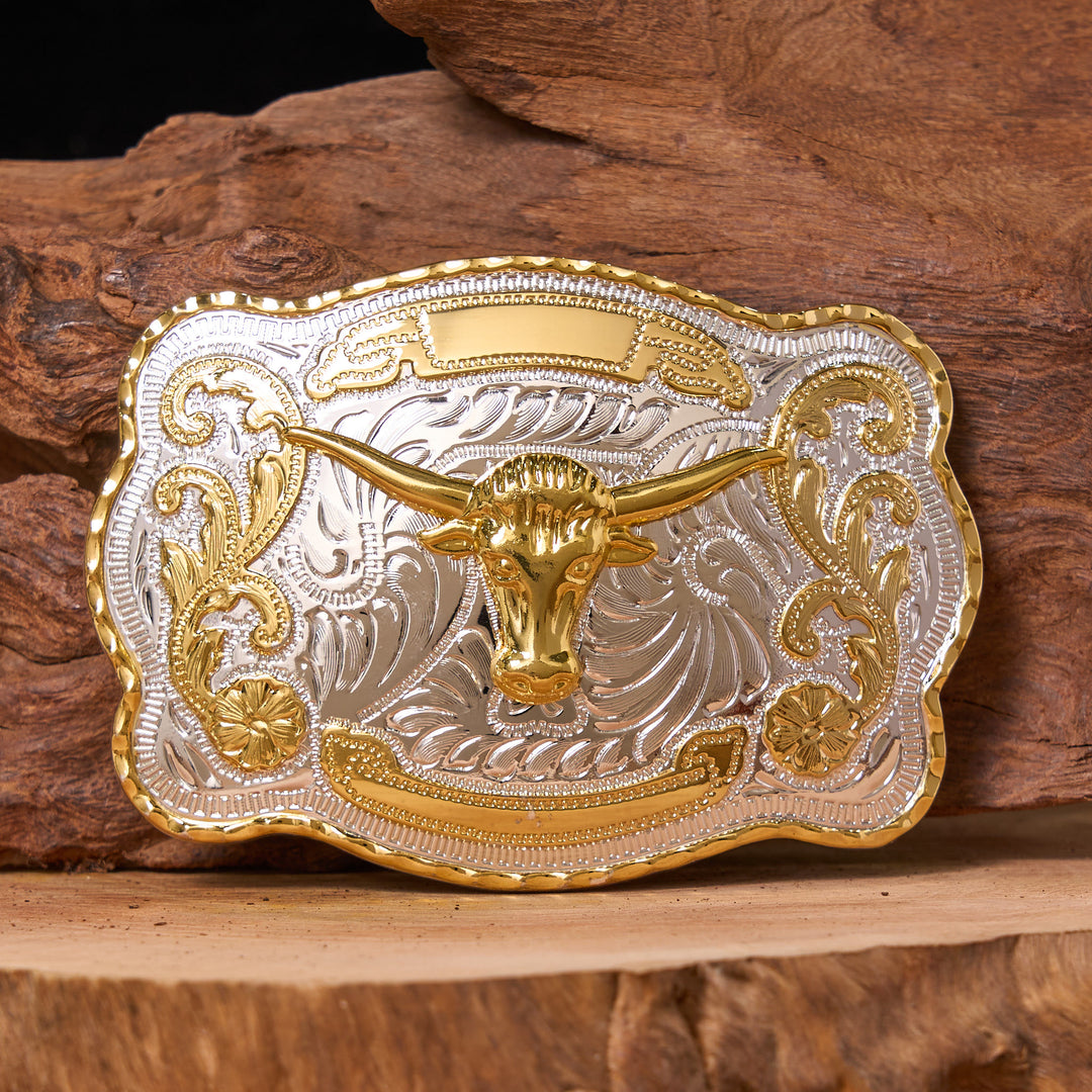 Ceinture en cuir à boucle de cowboy western DIY avec tête de taureau dorée - Tête de taureau en or - Sans ceinture - Ceinture non incluse - image 1