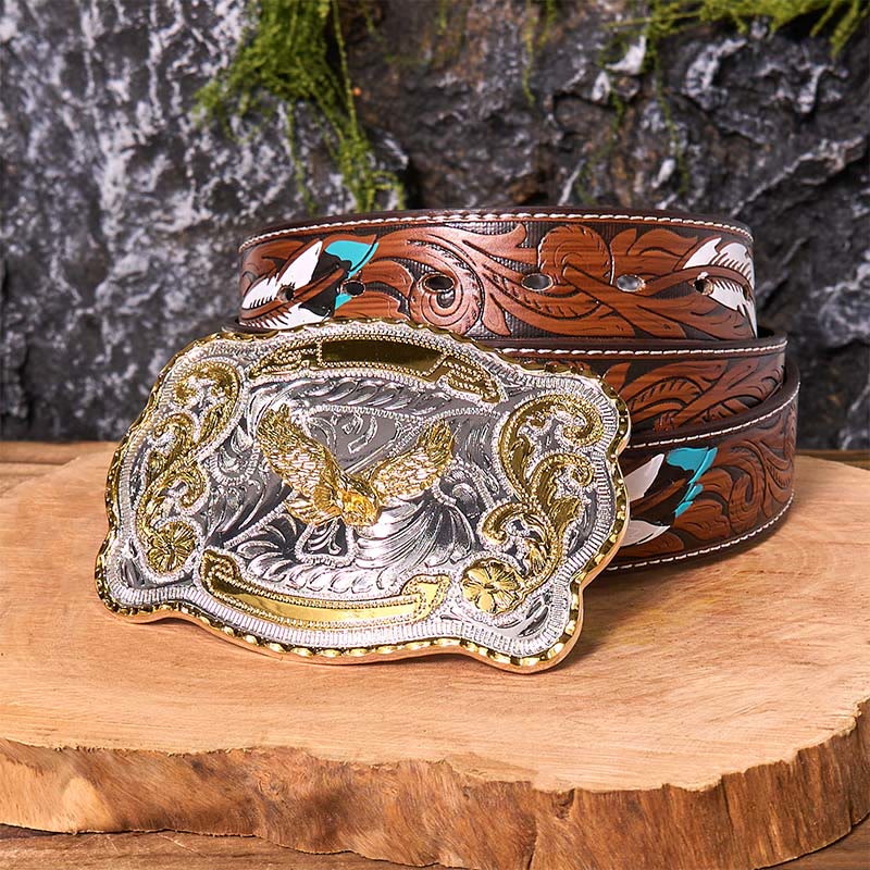 Ceinture en cuir à boucle style cowboy western avec aigle volant doré - Aigle volant - Ceinture à plumes marron - 40 - image 11