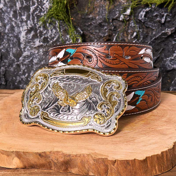Ceinture en cuir à boucle style cowboy western avec aigle volant doré - Aigle volant - Ceinture à plumes marron - 40 - image 11