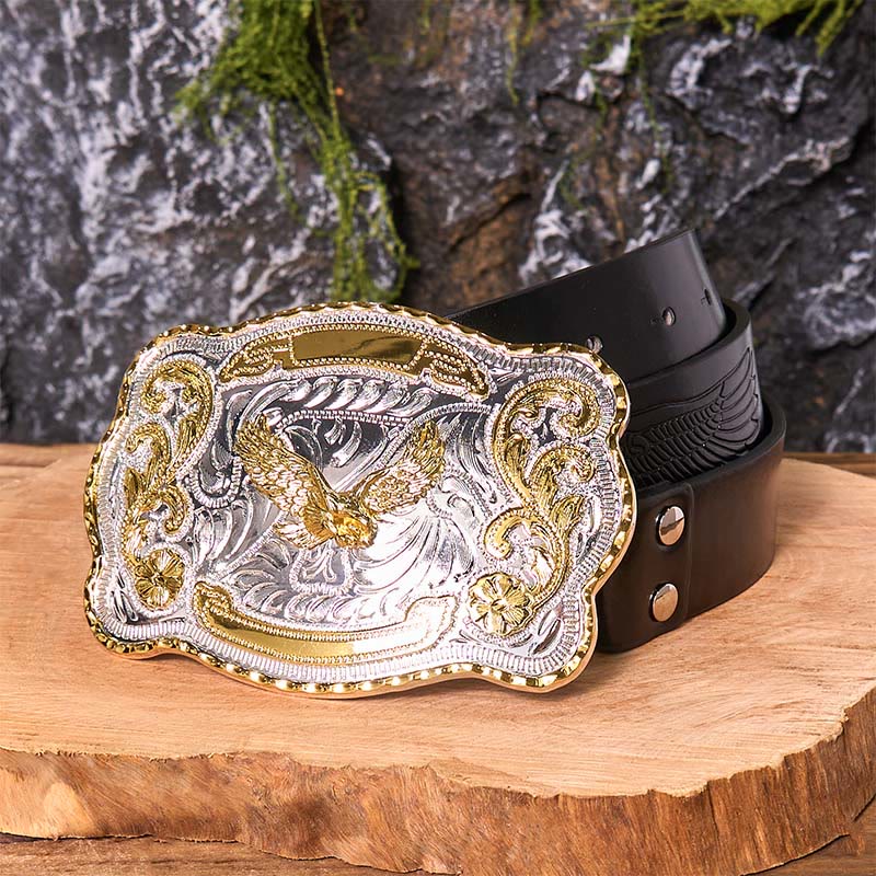 Ceinture en cuir à boucle style cowboy western avec aigle volant doré - Aigle volant - Ceinture noire avec aigle en relief - 42 - image 6