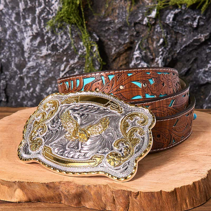 Ceinture en cuir à boucle style cowboy western avec aigle volant doré - Aigle volant - Ceinture sculptée en turquoise - 42 - image 7