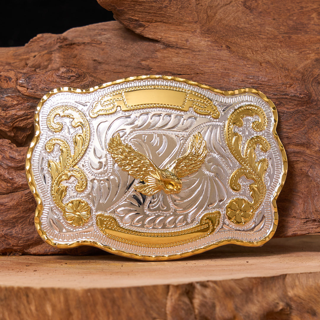 Ceinture en cuir à boucle style cowboy western avec aigle volant doré - Aigle volant - Sans ceinture - Ceinture non incluse - image 1