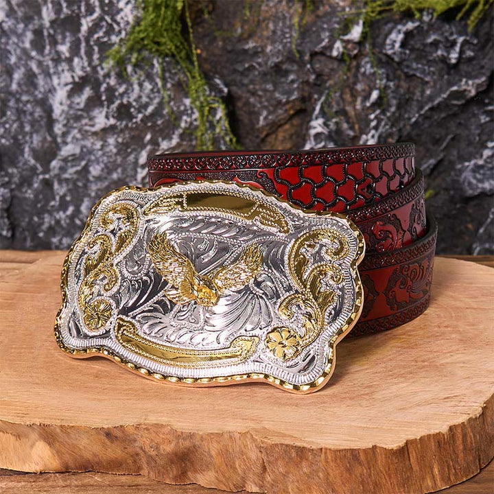 Ceinture en cuir à boucle style cowboy western avec aigle volant doré - Aigle volant - Ceinture marron sculptée - 42 - image 10