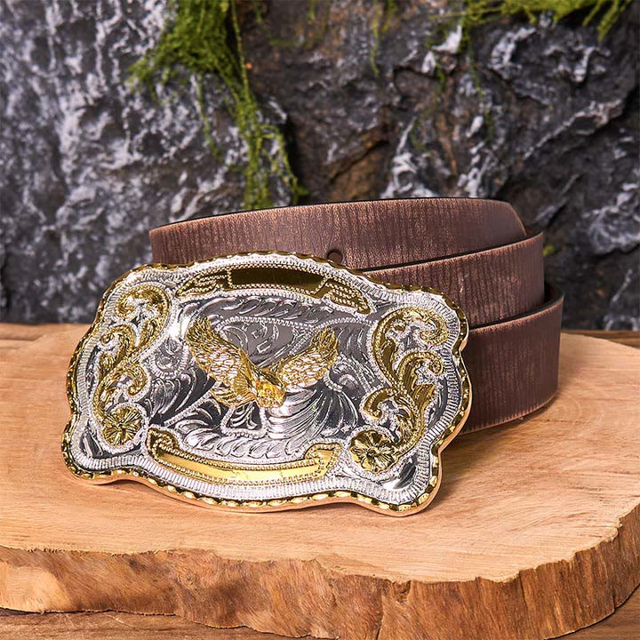 Ceinture en cuir à boucle style cowboy western avec aigle volant doré - Aigle volant - Ceinture marron vieillie - 42 - image 9