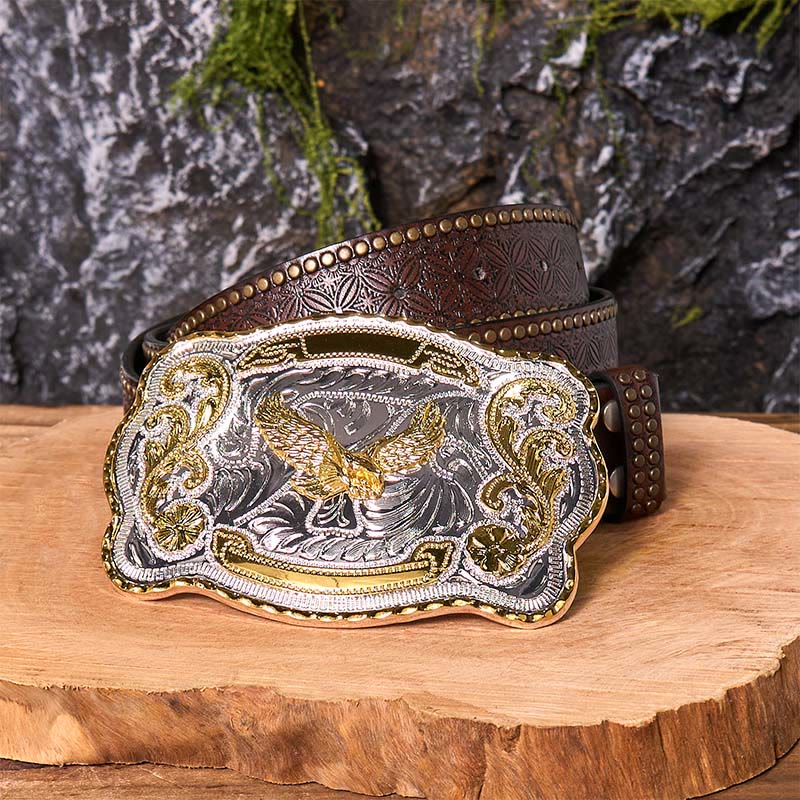 Ceinture en cuir à boucle style cowboy western avec aigle volant doré - Aigle volant - Ceinture à rivets marron - 42 - image 8