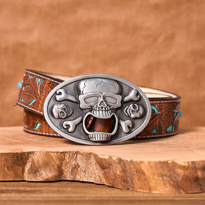 Ceinture en cuir à boucle western DIY avec tête de mort et décapsuleur