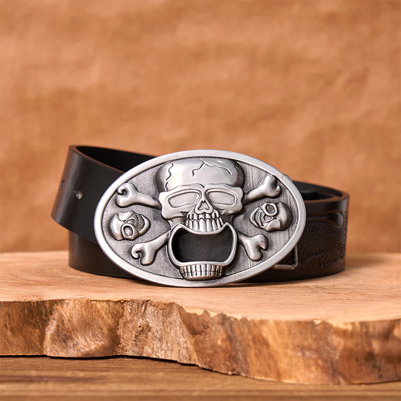 Ceinture en cuir à boucle western DIY avec tête de mort et décapsuleur