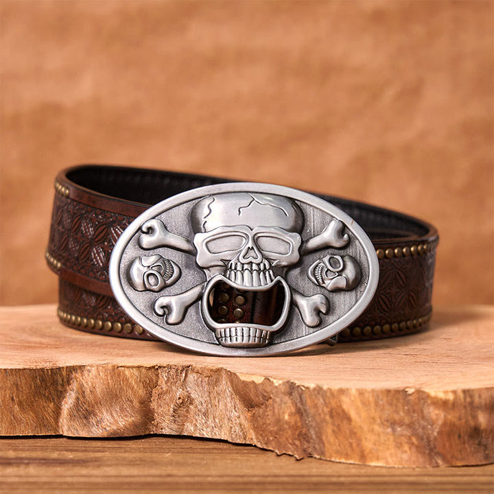 Ceinture en cuir à boucle western DIY avec tête de mort et décapsuleur