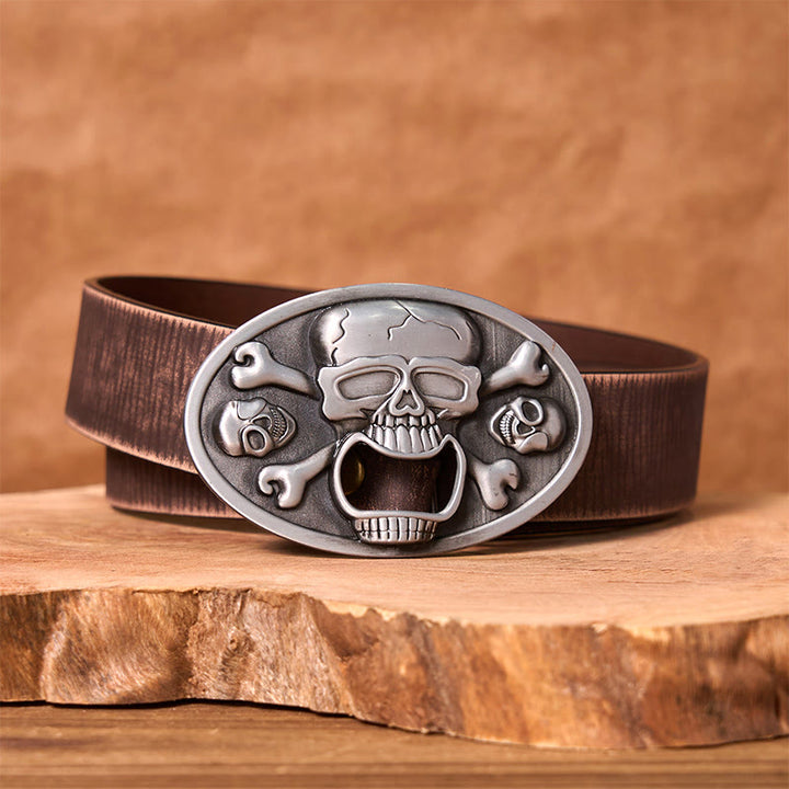 Ceinture en cuir à boucle western DIY avec tête de mort et décapsuleur