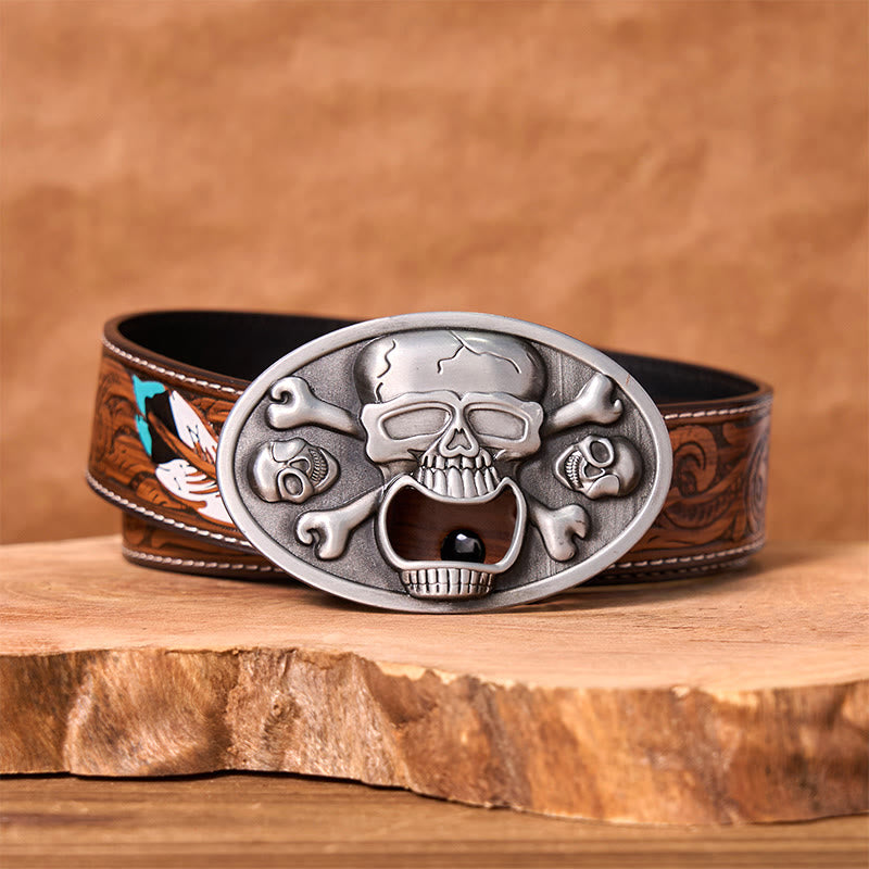 Ceinture en cuir à boucle western DIY avec tête de mort et décapsuleur