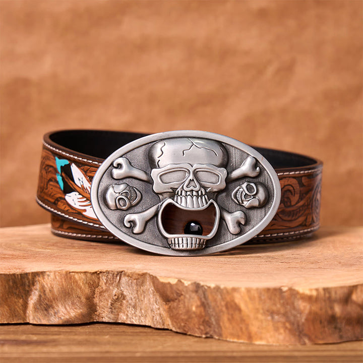 Ceinture en cuir à boucle western DIY avec tête de mort et décapsuleur