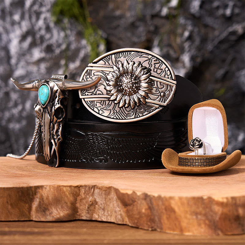 Boucle de ceinture à couteau caché tournesol à faire soi-même avec pendentif Longhorn (ensemble complet) - Tournesol - Ceinture noire avec aigle en relief - 42 - image 4