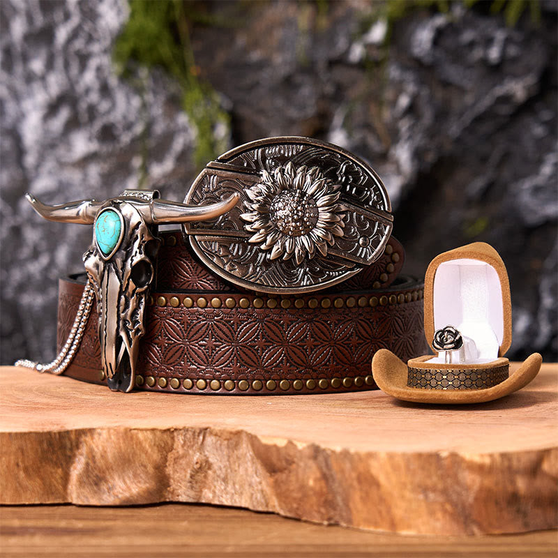 Boucle de ceinture à couteau caché tournesol à faire soi-même avec pendentif Longhorn (ensemble complet) - Tournesol - Ceinture à rivets marron - 42 - image 5