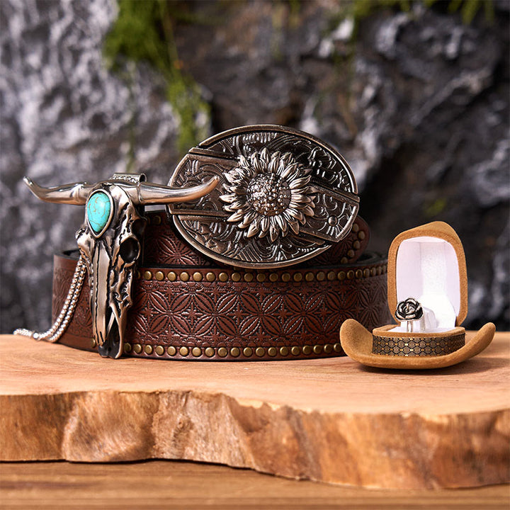 Boucle de ceinture à couteau caché tournesol à faire soi-même avec pendentif Longhorn (ensemble complet) - Tournesol - Ceinture à rivets marron - 42 - image 5