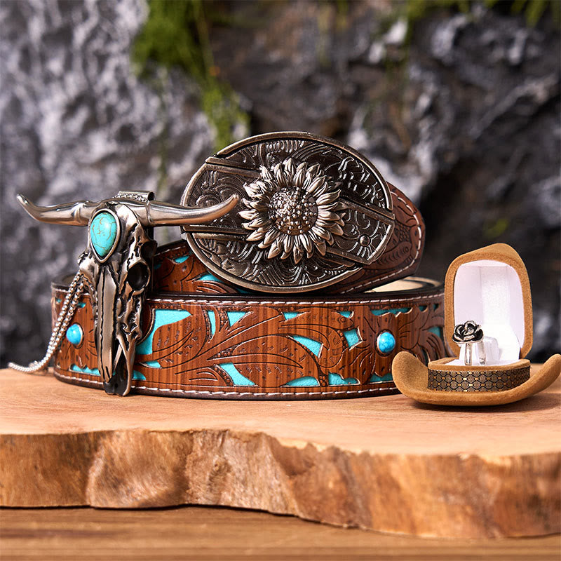 Boucle de ceinture à couteau caché tournesol à faire soi-même avec pendentif Longhorn (ensemble complet) - Tournesol - Ceinture sculptée en turquoise - 42 - image 0