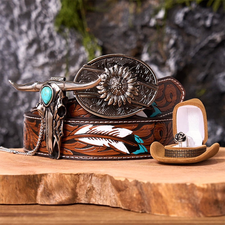 Boucle de ceinture à couteau caché tournesol à faire soi-même avec pendentif Longhorn (ensemble complet) - Tournesol - Ceinture à plumes marron - 40 - image 8