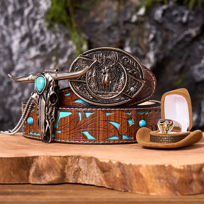 Boucle de ceinture avec anneau de taureau et couteau caché à monter soi-même, motif cerf des forêts - Cerf des forêts - Ceinture sculptée en turquoise - 42 - image 0
