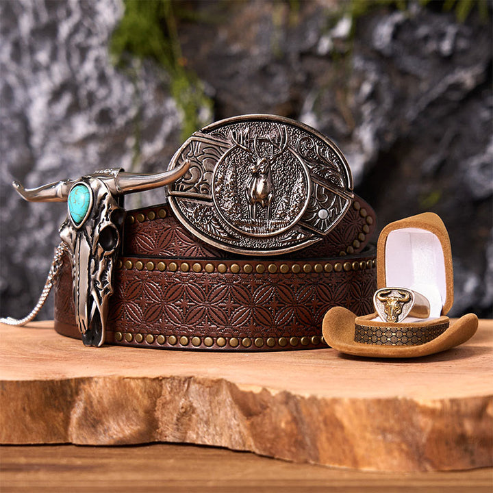 Boucle de ceinture avec anneau de taureau et couteau caché à monter soi-même, motif cerf des forêts - Cerf des forêts - Ceinture à rivets marron - 42 - image 4