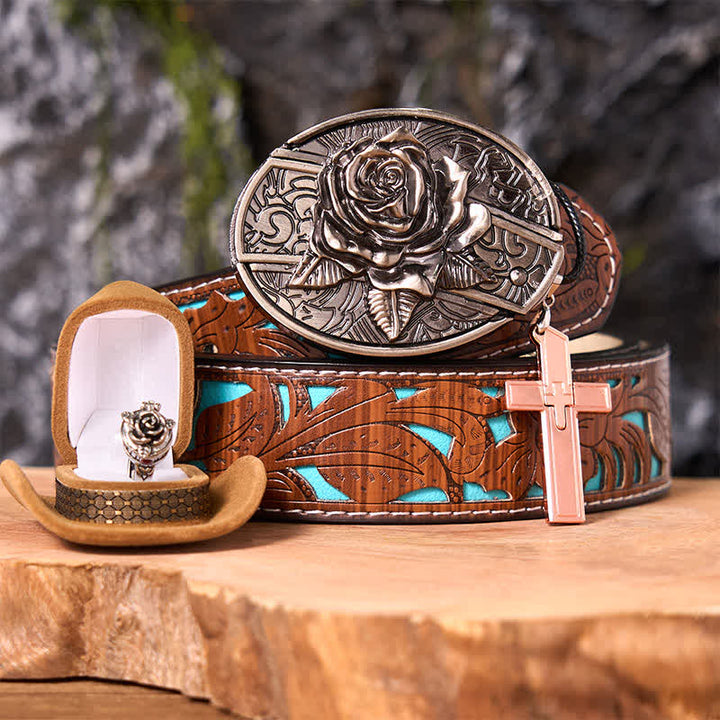 Ensemble de boucles de ceinture, couteau caché, pendentif croix, bague rose, thème rose - Rose - Ceinture sculptée en turquoise - 42 - image 4