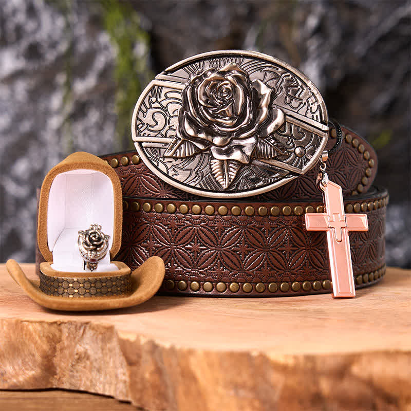Ensemble de boucles de ceinture, couteau caché, pendentif croix, bague rose, thème rose - Rose - Ceinture à rivets marron - 42 - image 5