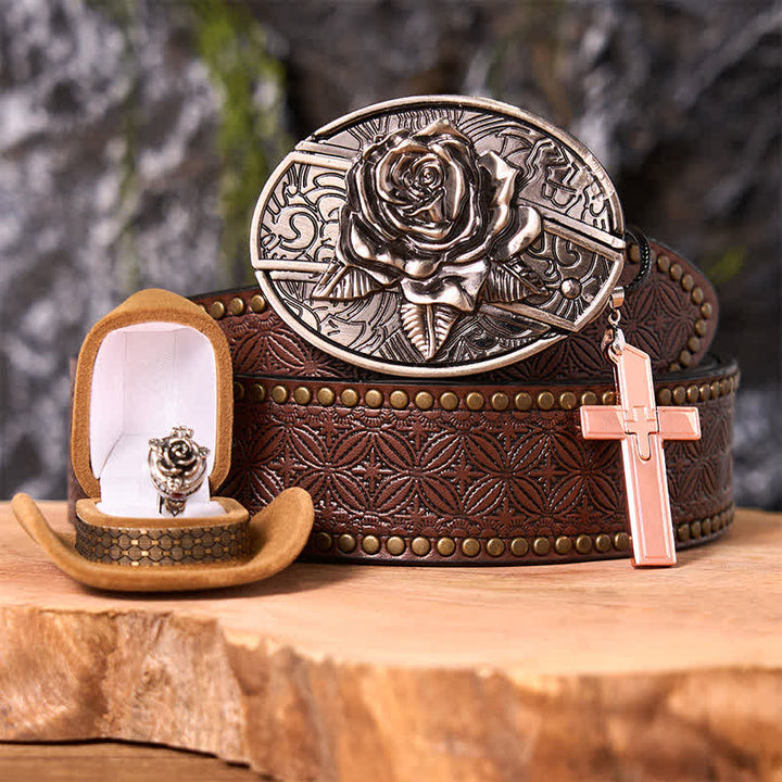Ensemble de boucles de ceinture, couteau caché, pendentif croix, bague rose, thème rose - Rose - Ceinture à rivets marron - 42 - image 5