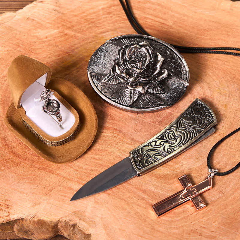 Ensemble de boucles de ceinture, couteau caché, pendentif croix, bague rose, thème rose