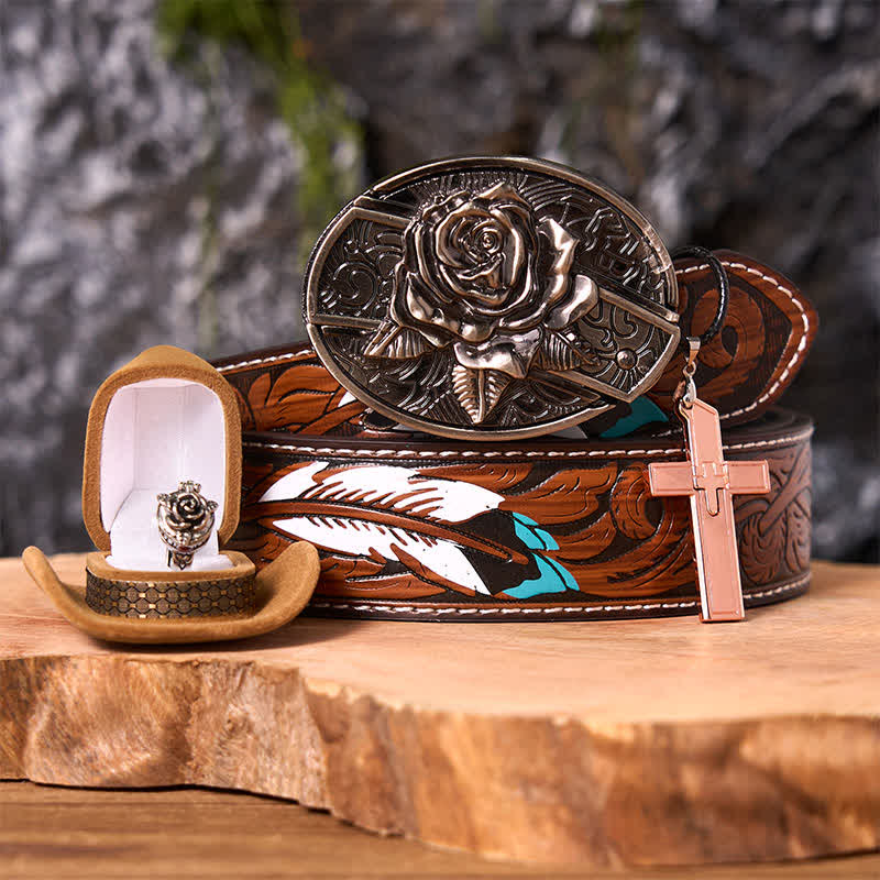 Ensemble de boucles de ceinture, couteau caché, pendentif croix, bague rose, thème rose