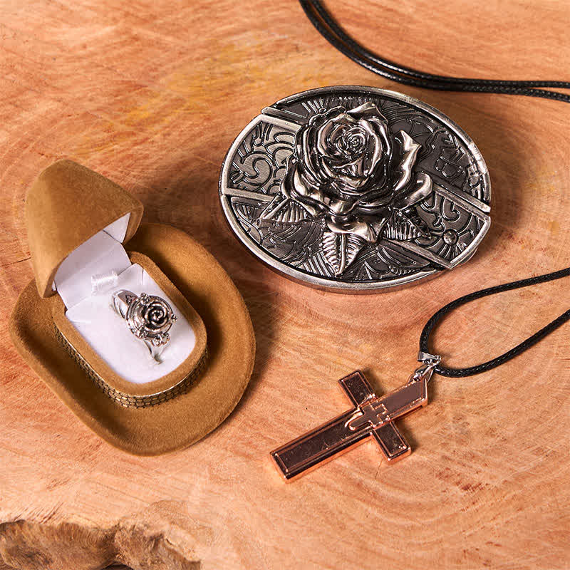 Ensemble de boucles de ceinture, couteau caché, pendentif croix, bague rose, thème rose