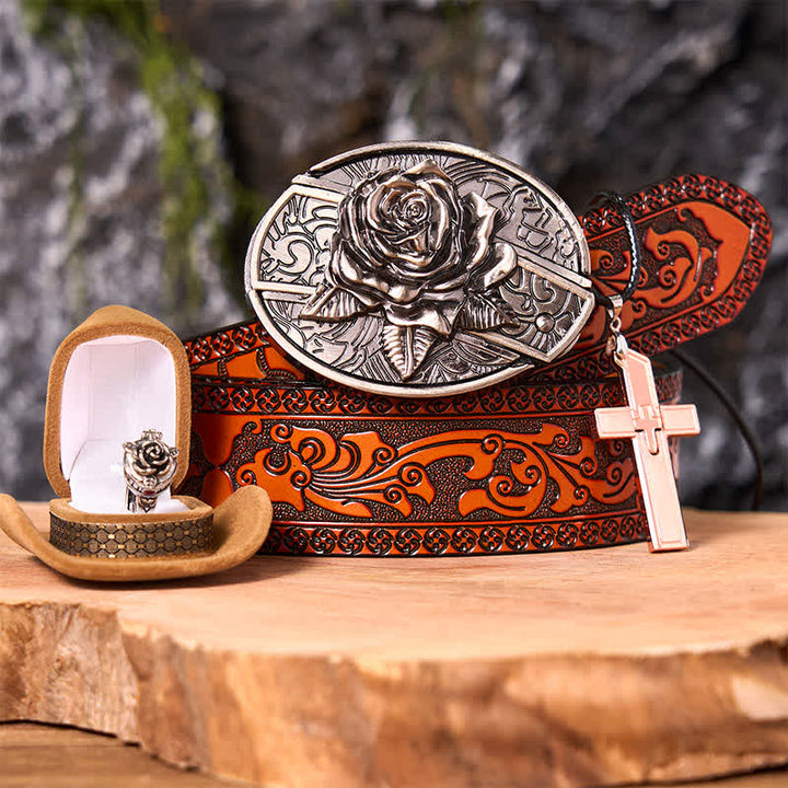 Ensemble de boucles de ceinture, couteau caché, pendentif croix, bague rose, thème rose - Rose - Ceinture sculptée orange - 42 - image 0