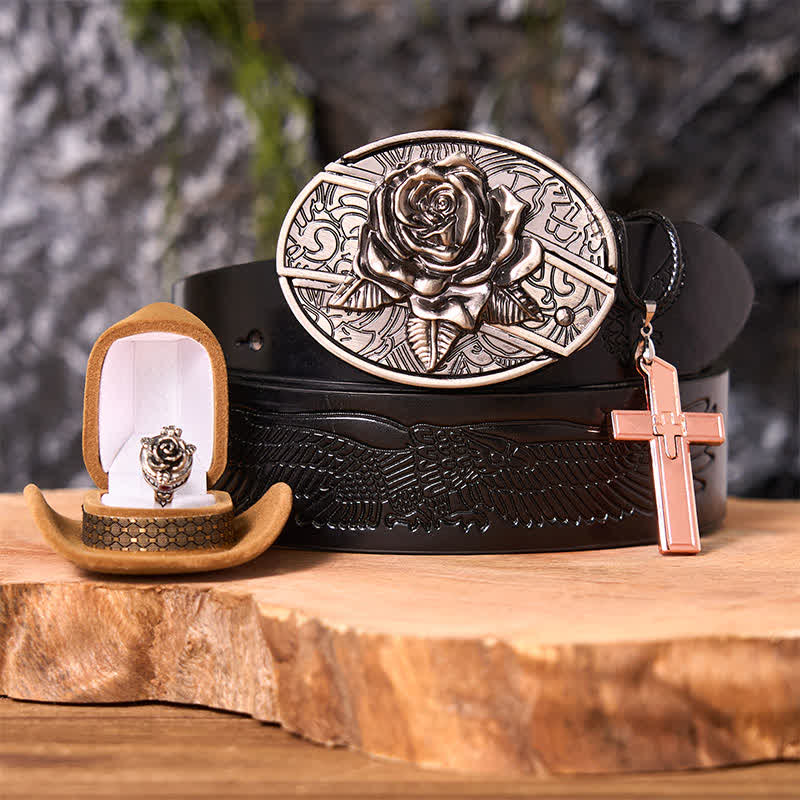 Ensemble de boucles de ceinture, couteau caché, pendentif croix, bague rose, thème rose - Rose - Ceinture noire avec aigle en relief - 42 - image 3