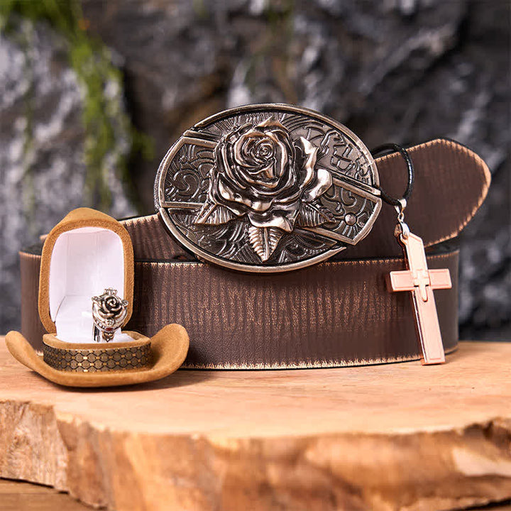 Ensemble de boucles de ceinture, couteau caché, pendentif croix, bague rose, thème rose - Rose - Ceinture marron vieillie - 42 - image 6