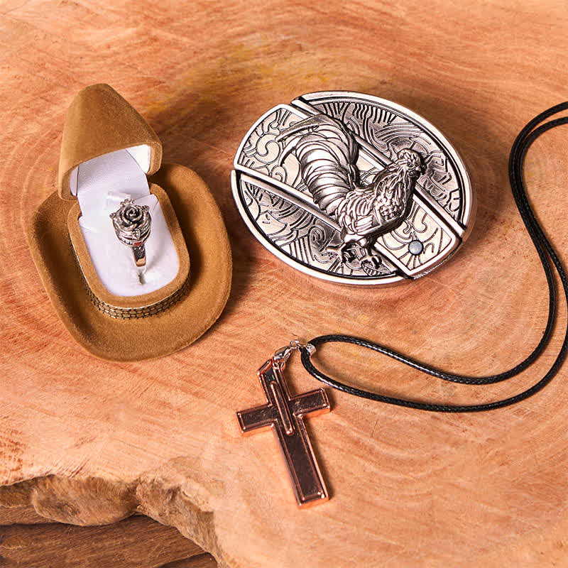 Ensemble de boucles de ceinture, couteau caché, pendentif croix, bague rose, DIY