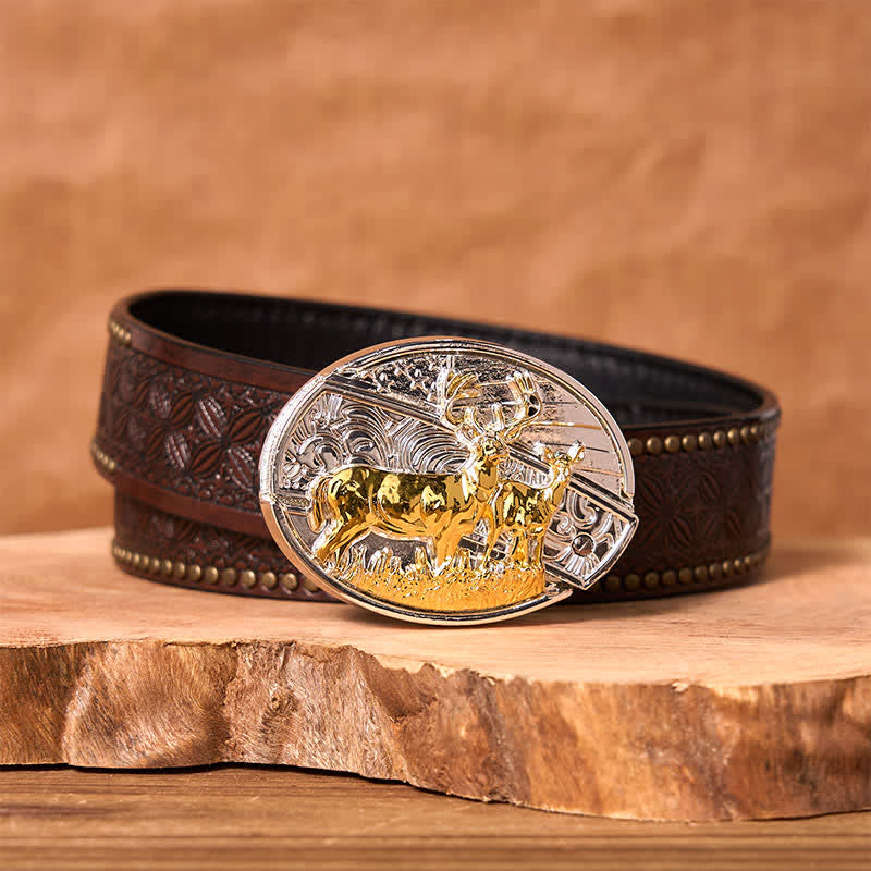 Ceinture en cuir pour homme avec couteau pliant caché en forme de cerf doré et argenté