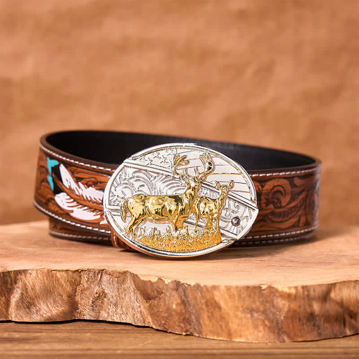 Ceinture en cuir pour homme avec couteau pliant caché en forme de cerf doré et argenté