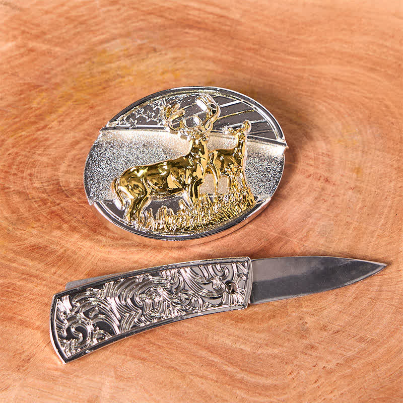 Ceinture en cuir pour homme avec couteau pliant caché en forme de cerf doré et argenté