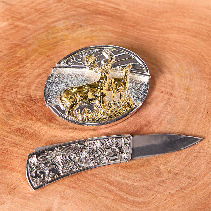 Ceinture en cuir pour homme avec couteau pliant caché en forme de cerf doré et argenté