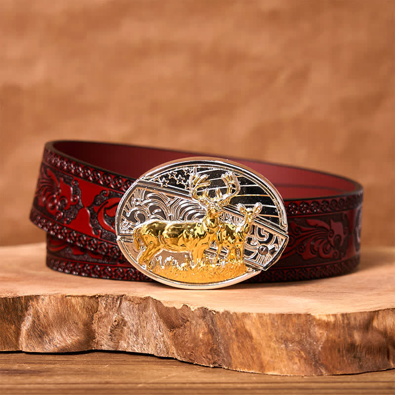 Ceinture en cuir pour homme avec couteau pliant caché en forme de cerf doré et argenté