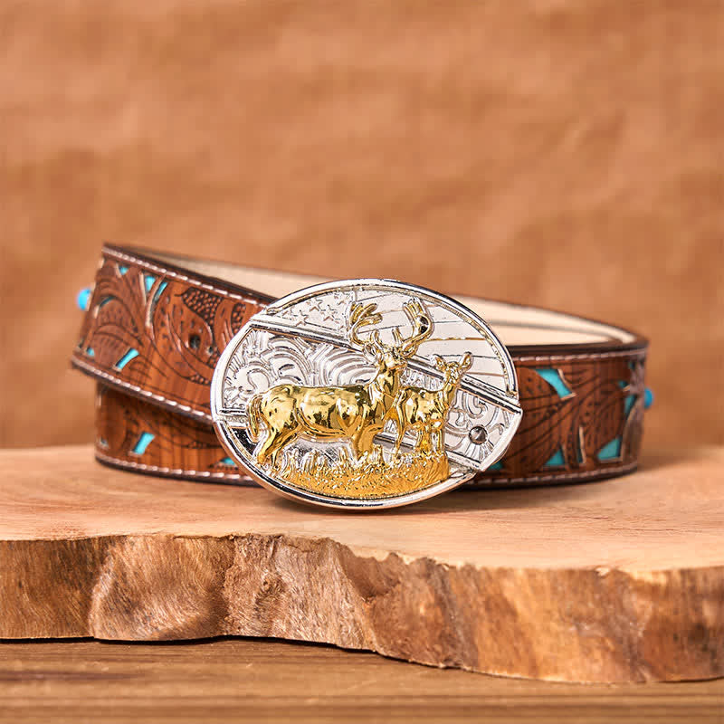 Ceinture en cuir pour homme avec couteau pliant caché en forme de cerf doré et argenté