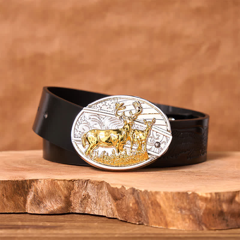 Ceinture en cuir pour homme avec couteau pliant caché en forme de cerf doré et argenté