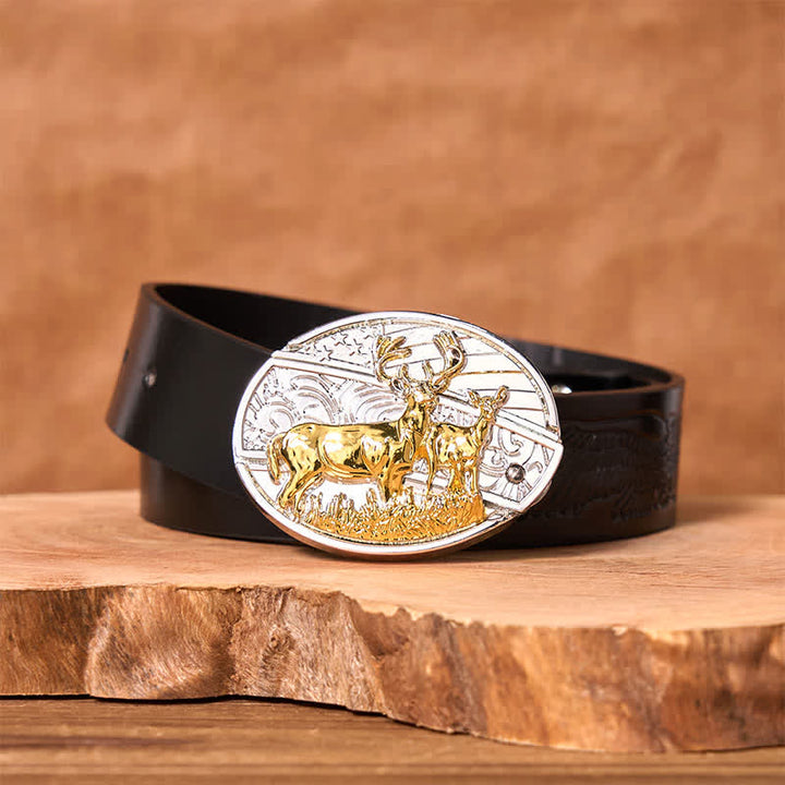 Ceinture en cuir pour homme avec couteau pliant caché en forme de cerf doré et argenté