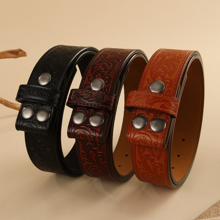 Sangle de ceinture en cuir à motif floral occidental en relief, sans boucle