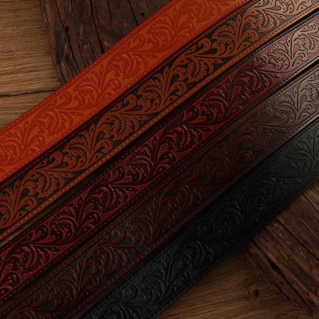 Sangle de ceinture en cuir à motif floral occidental en relief, sans boucle
