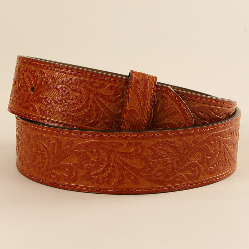Sangle de ceinture en cuir à motif floral occidental en relief, sans boucle
