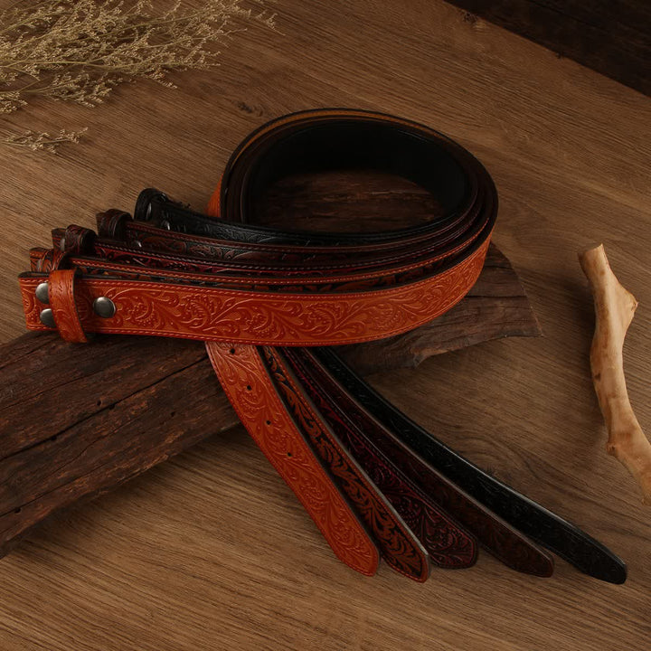 Sangle de ceinture en cuir à motif floral occidental en relief, sans boucle