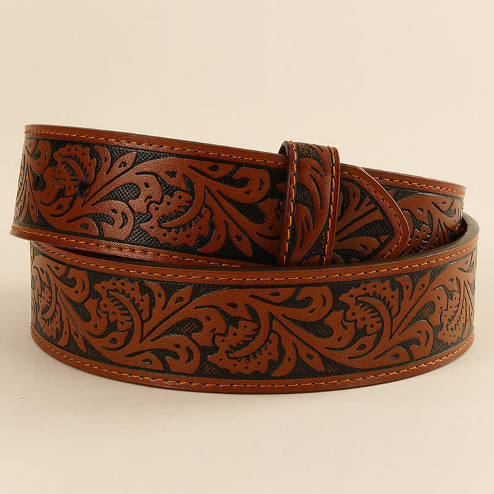 Sangle de ceinture en cuir à motif floral occidental en relief, sans boucle